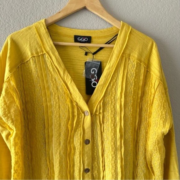 Gigio Yellow Button-Up Top M NWT Embroidered Mesh Boho Cottagecore Chic - Picture 4 of 12
